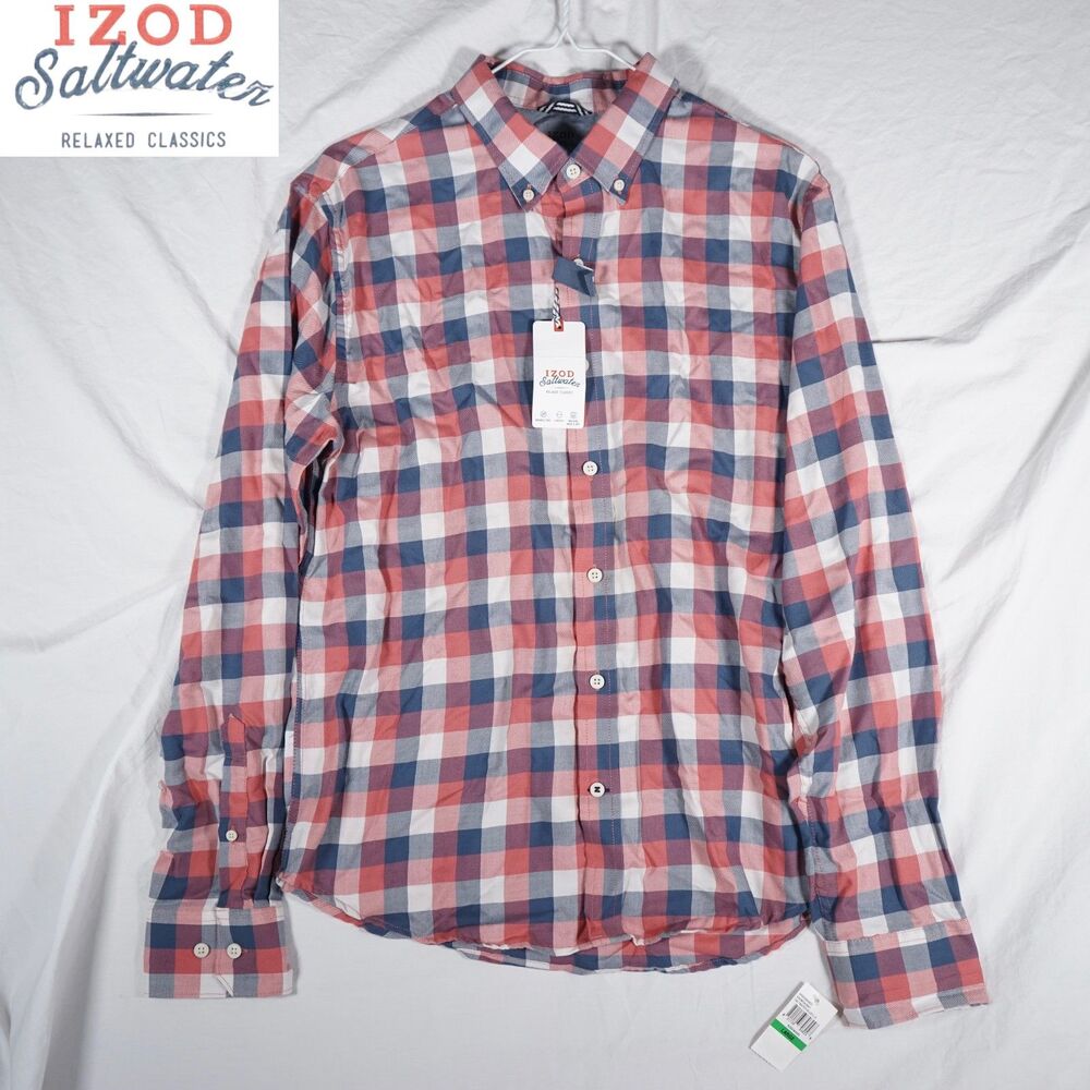 NWT IZOD Saltwater Button Up Long Sleeve Shirt Red Blue Plaid Slim Fit Large
